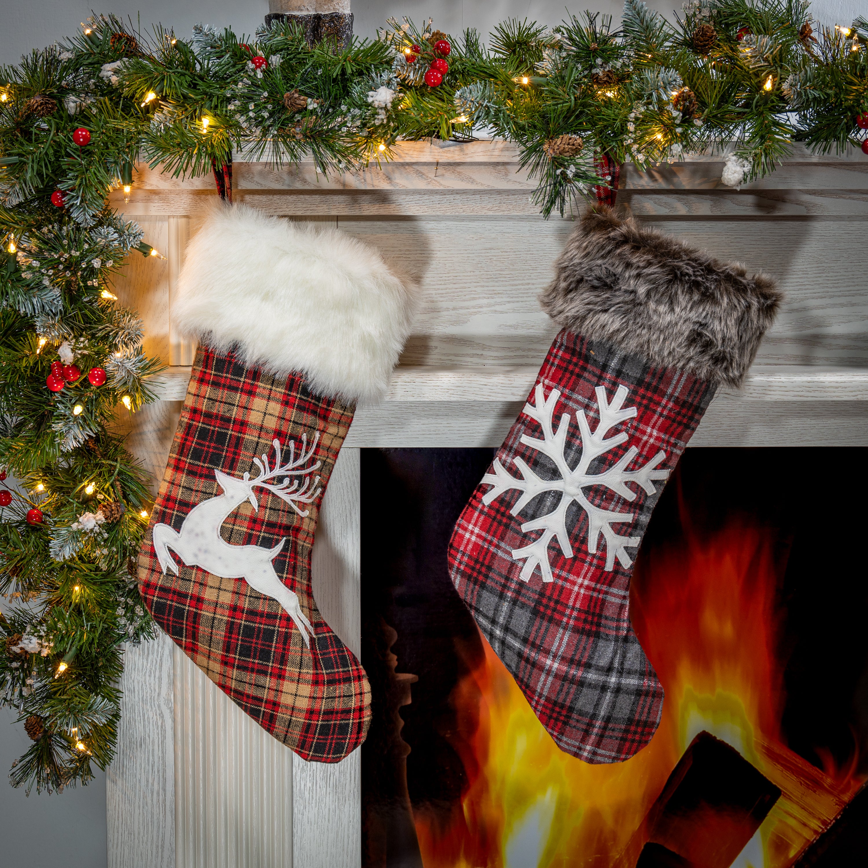 Set of 4 Christmas Holiday Stockings, Faux Fur Buffalo Plaid
